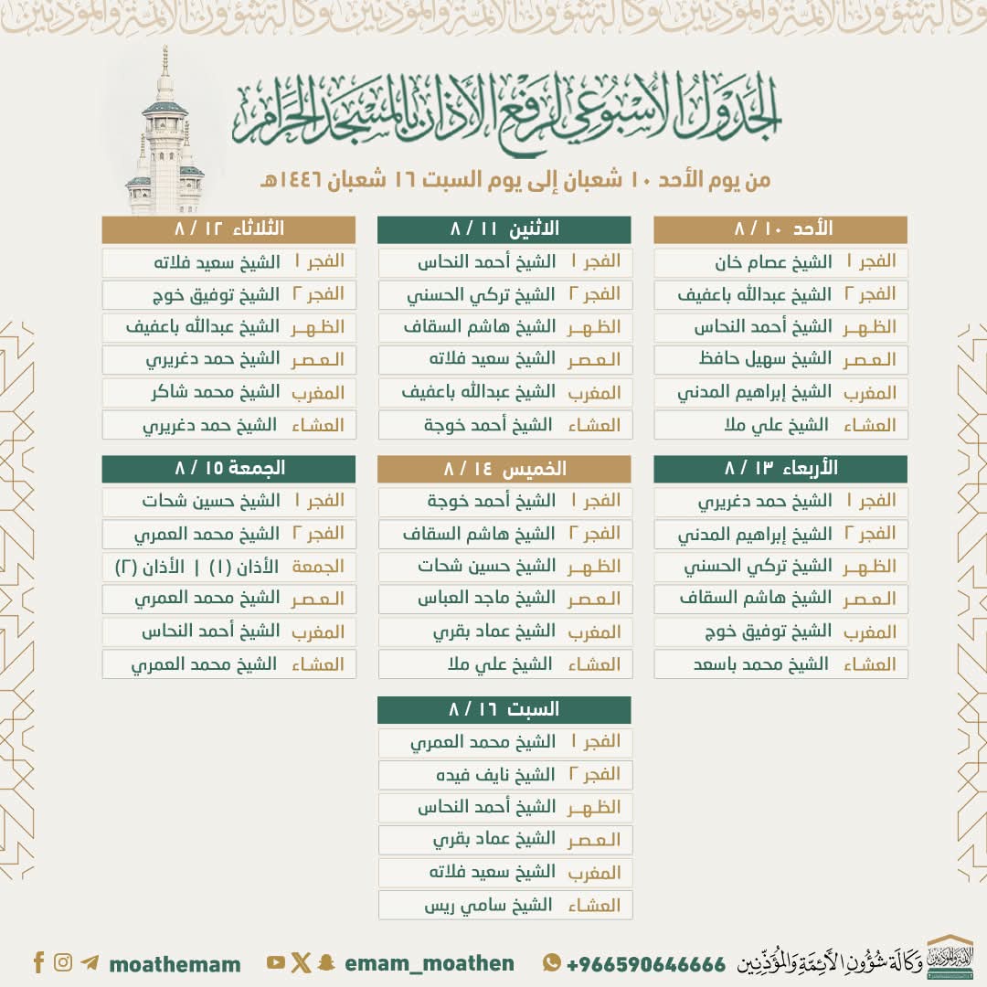 وكالة شؤون الأئمة والمؤذنين يعلن جدول أئمة الحرم المكي 1446